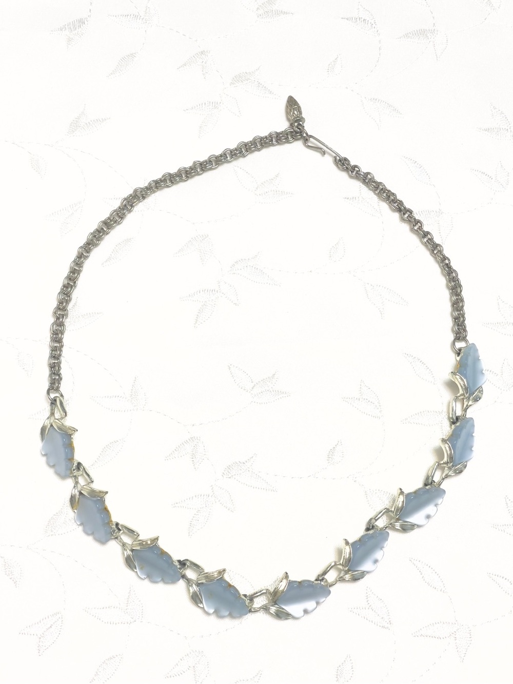 VINTAGE Moonglow baby blue lucite leaf necklace